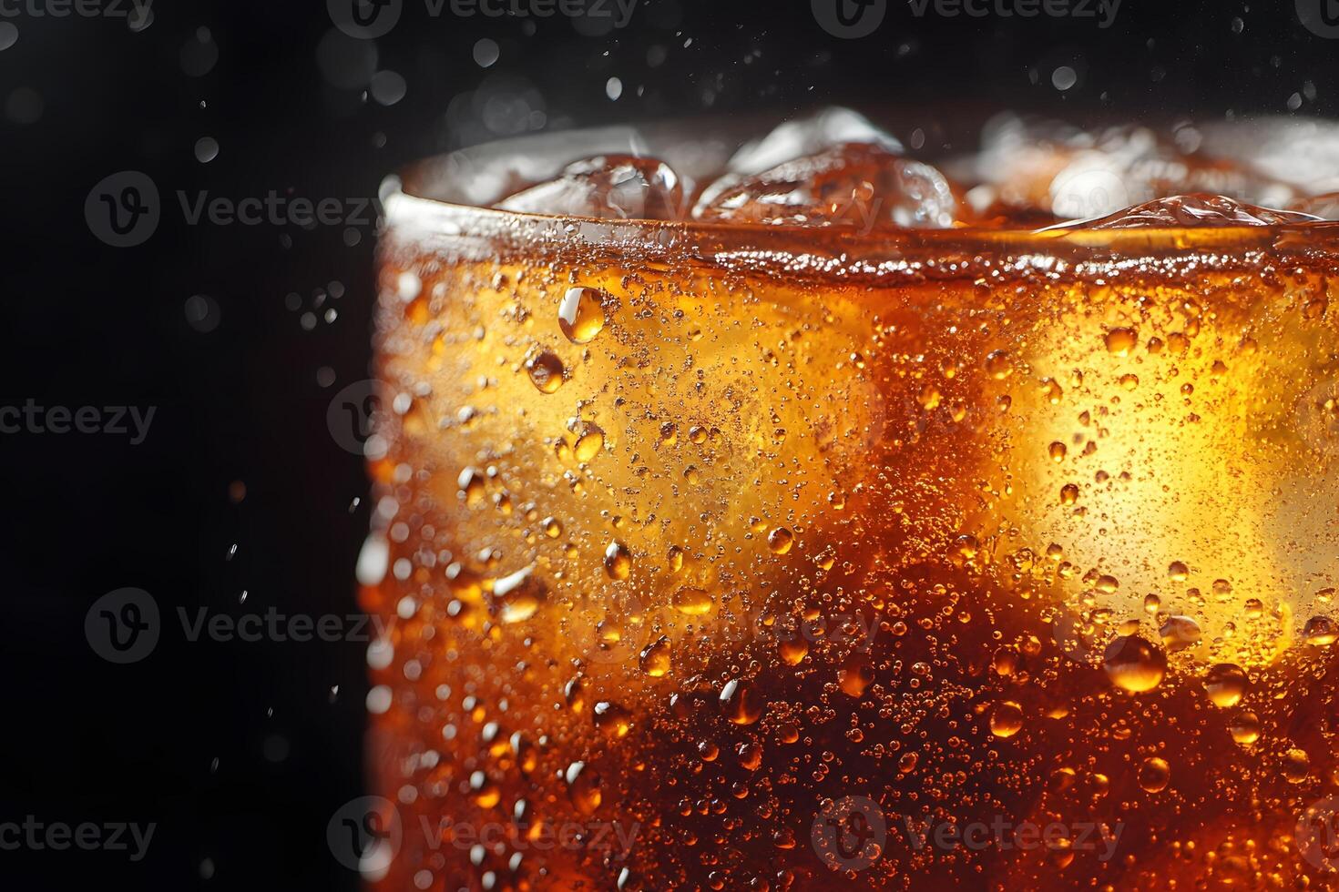 Refreshing Fizzy Cola Beverage with Ice on Black Background photo