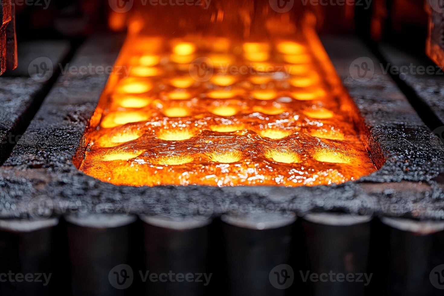Industrial Foundry Scene Molten Metal Pouring in High-Temperature Steel Manufacturing Process photo