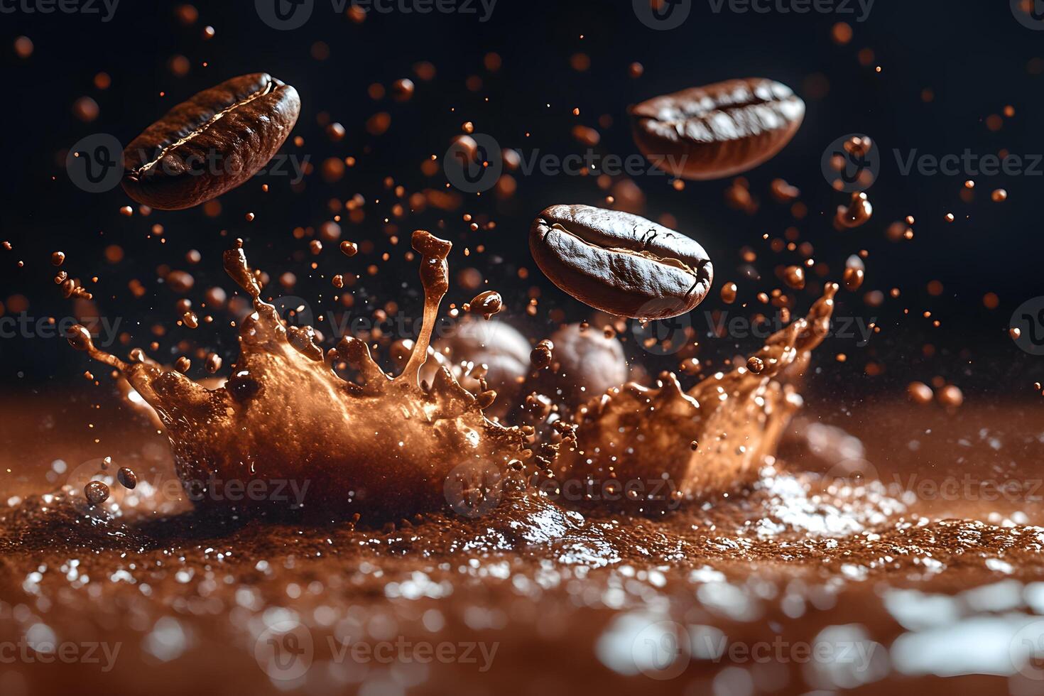 Dynamic Coffee Splash with Flying Beans for Beverage Design photo