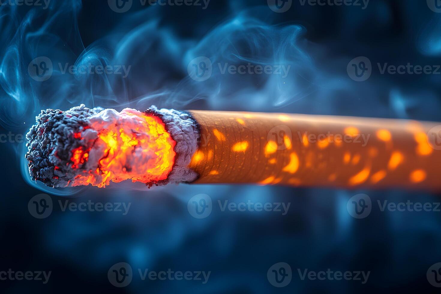 Close-Up of a Burning Cigarette with Glowing Embers and Smoke Effect photo
