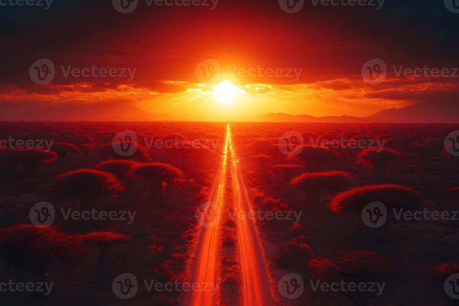 Dramatic Sunset Over Desert Road with Stunning Red Horizon and Bush Silhouettes photo