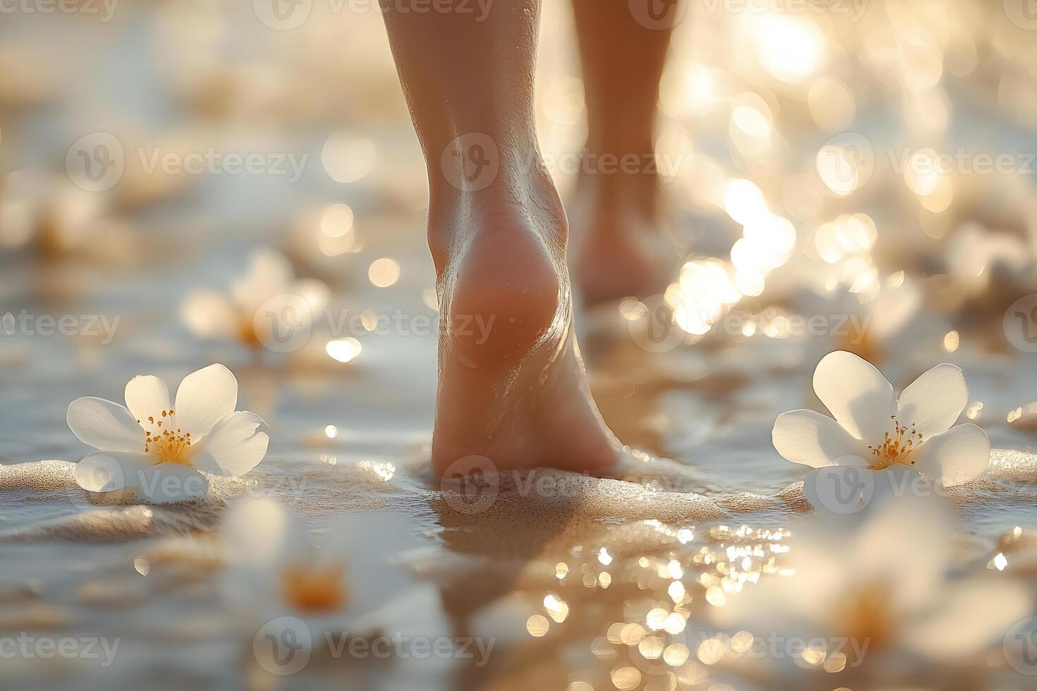 Serene Beach Walk with Blossoming Flowers at Sunset for Mindfulness and Relaxation Imagery photo