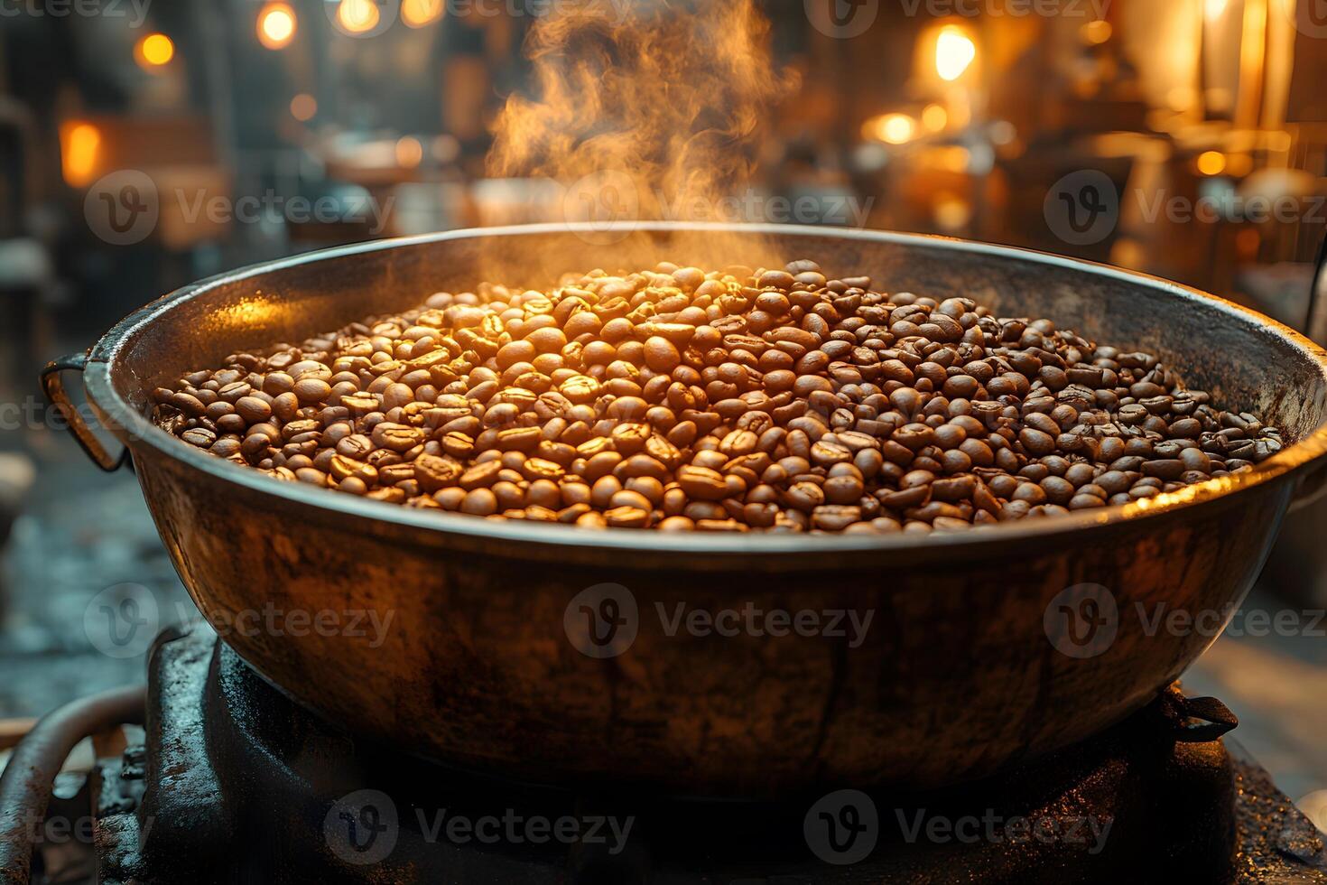 Steaming Roasted Coffee Beans in Rustic Setting for Cafe Decor and Design photo