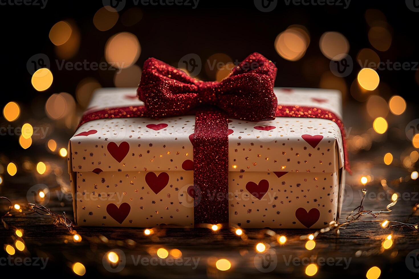 Romantic Gift Box with Heart Pattern and Glittering Lights for Valentine's Day photo