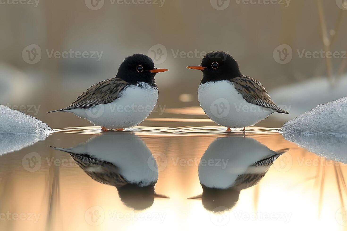Pair of Water Birds Reflected in Tranquil Water with Soft Lighting for Nature Poster photo