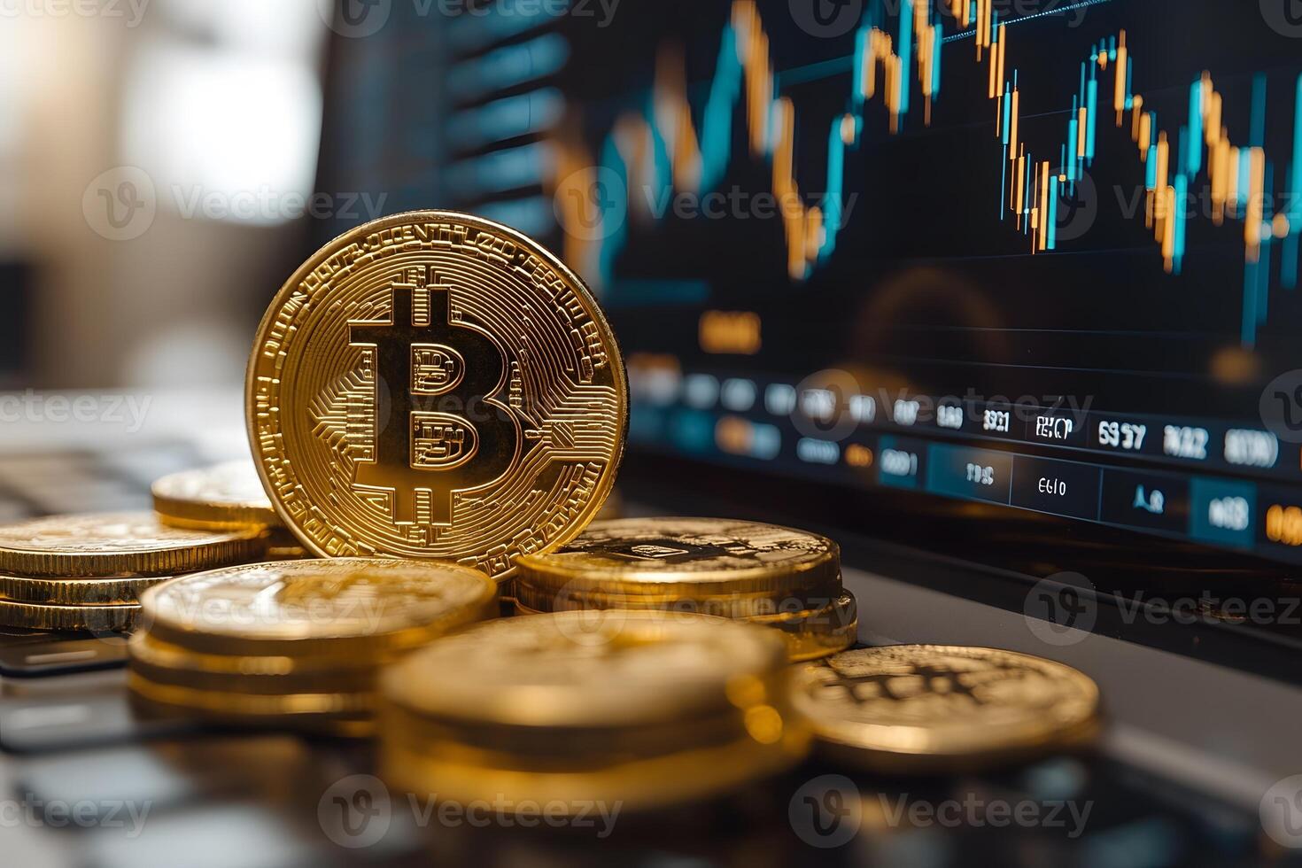 Cryptocurrency Trading Concept with Bitcoin Coins and Market Chart on Laptop photo