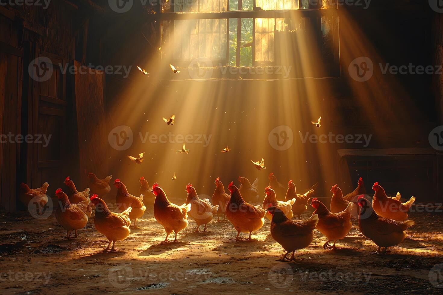 Serene Sunlit Barn with Flock of Chickens Under Golden Rays for Rustic Farmhouse Decor photo