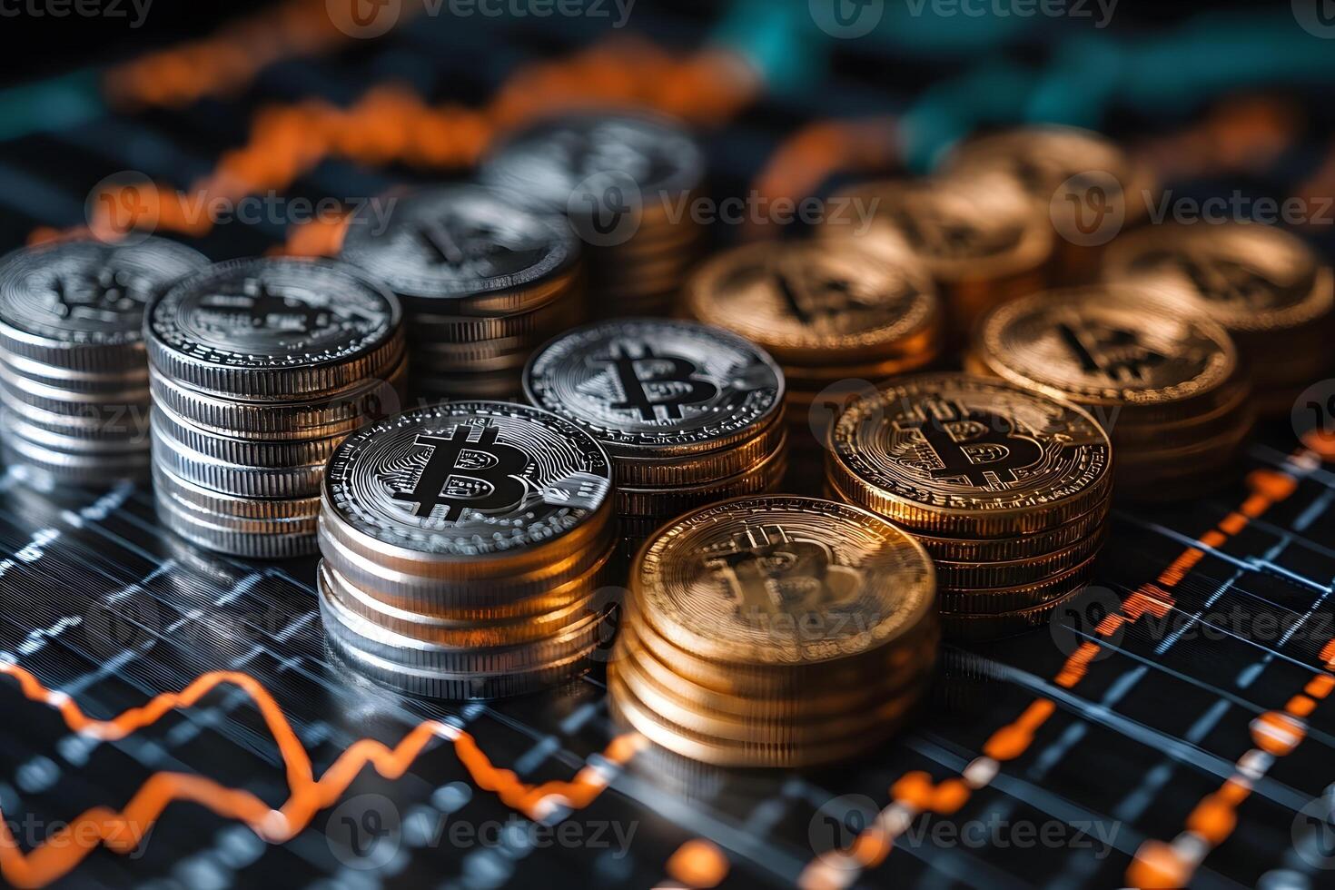 Cryptocurrency Market Trends with Bitcoin Stacks and Financial Data Charts photo