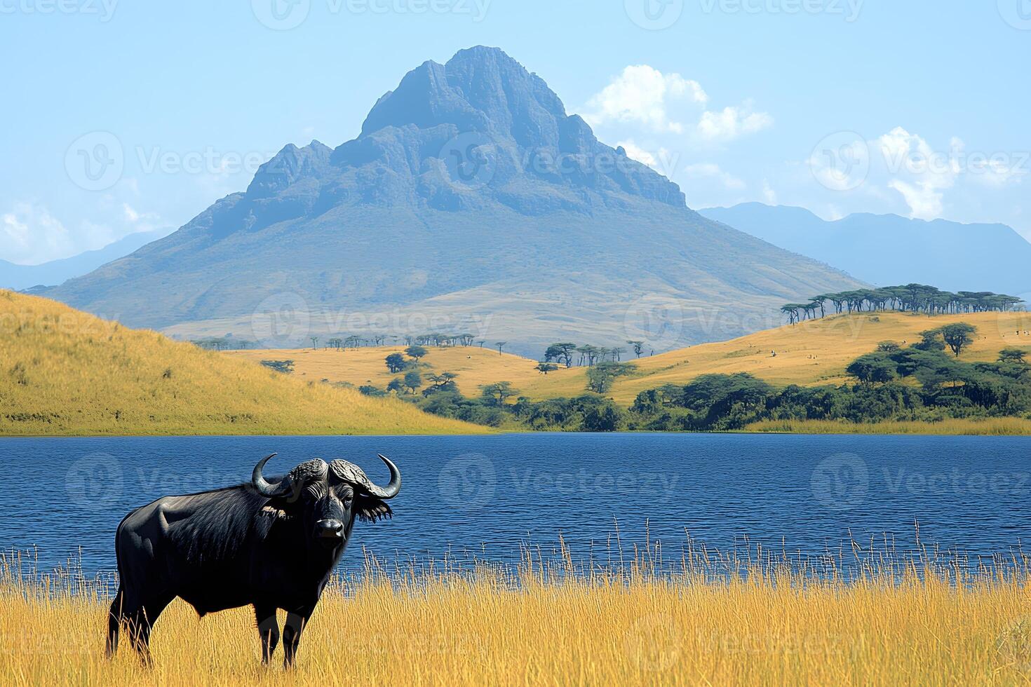 Majestic African Buffalo in Serene Savannah Landscape with Mountain Backdrop for Nature Photography photo