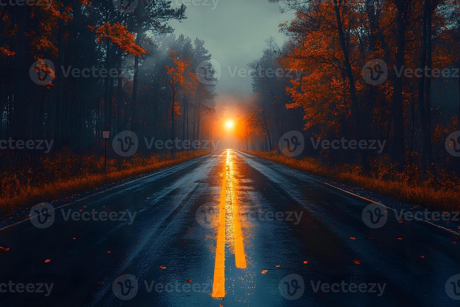Misty Autumn Road at Sunrise - Atmospheric Landscape for Nature-Themed Designs photo