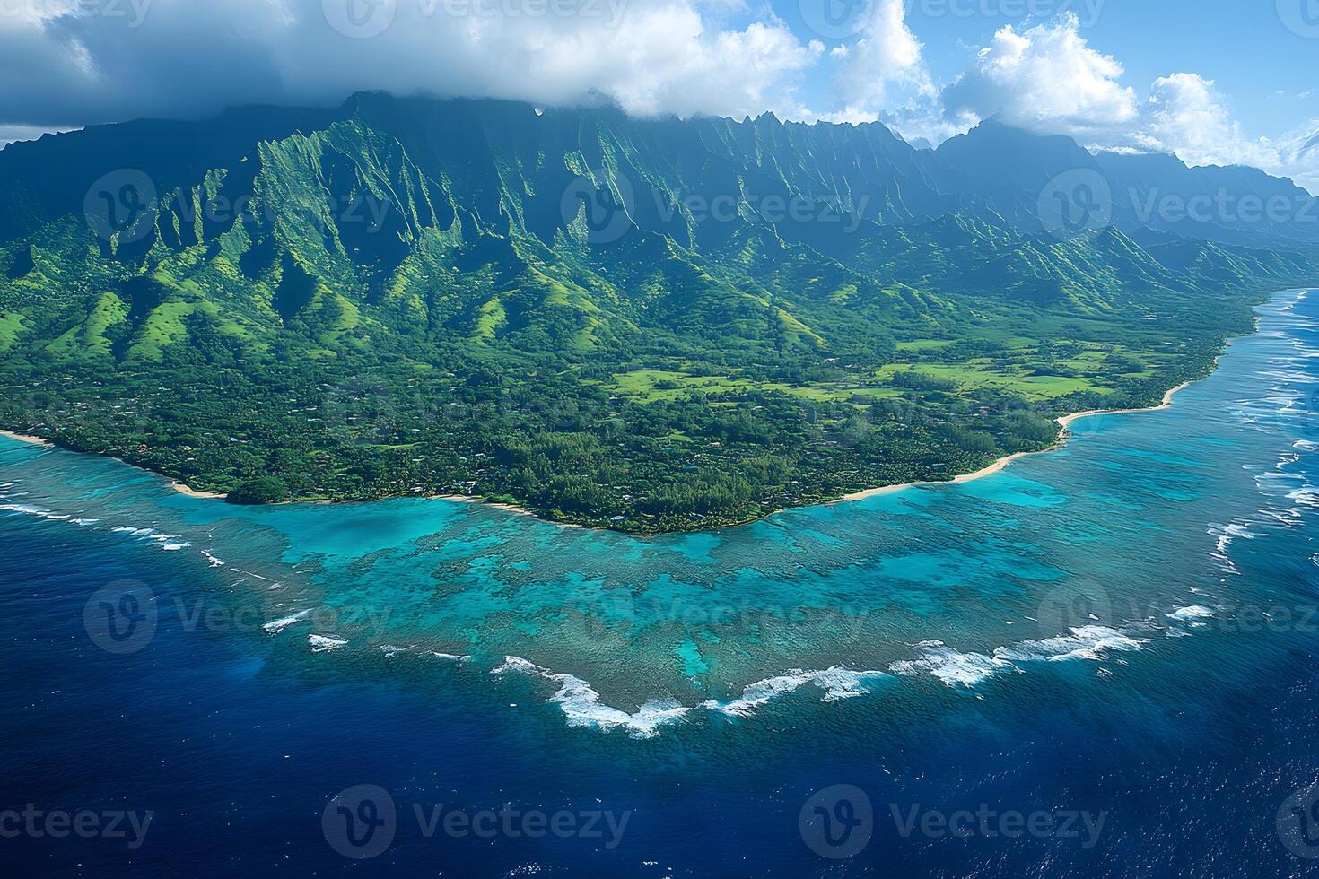 Stunning Aerial View of Lush Hawaiian Coastline and Majestic Mountains for Travel Bliss photo