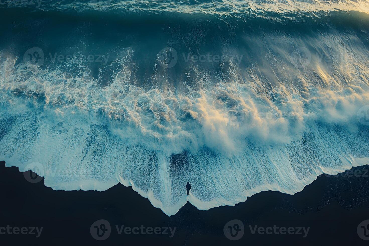 Solitude by the Shore Aerial View of Ocean Waves on a Black Sand Beach photo