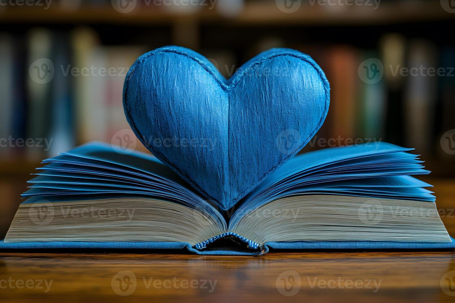 Blue Heart Art Sculpture Resting on Open Book in Cozy Library for Literary Design photo