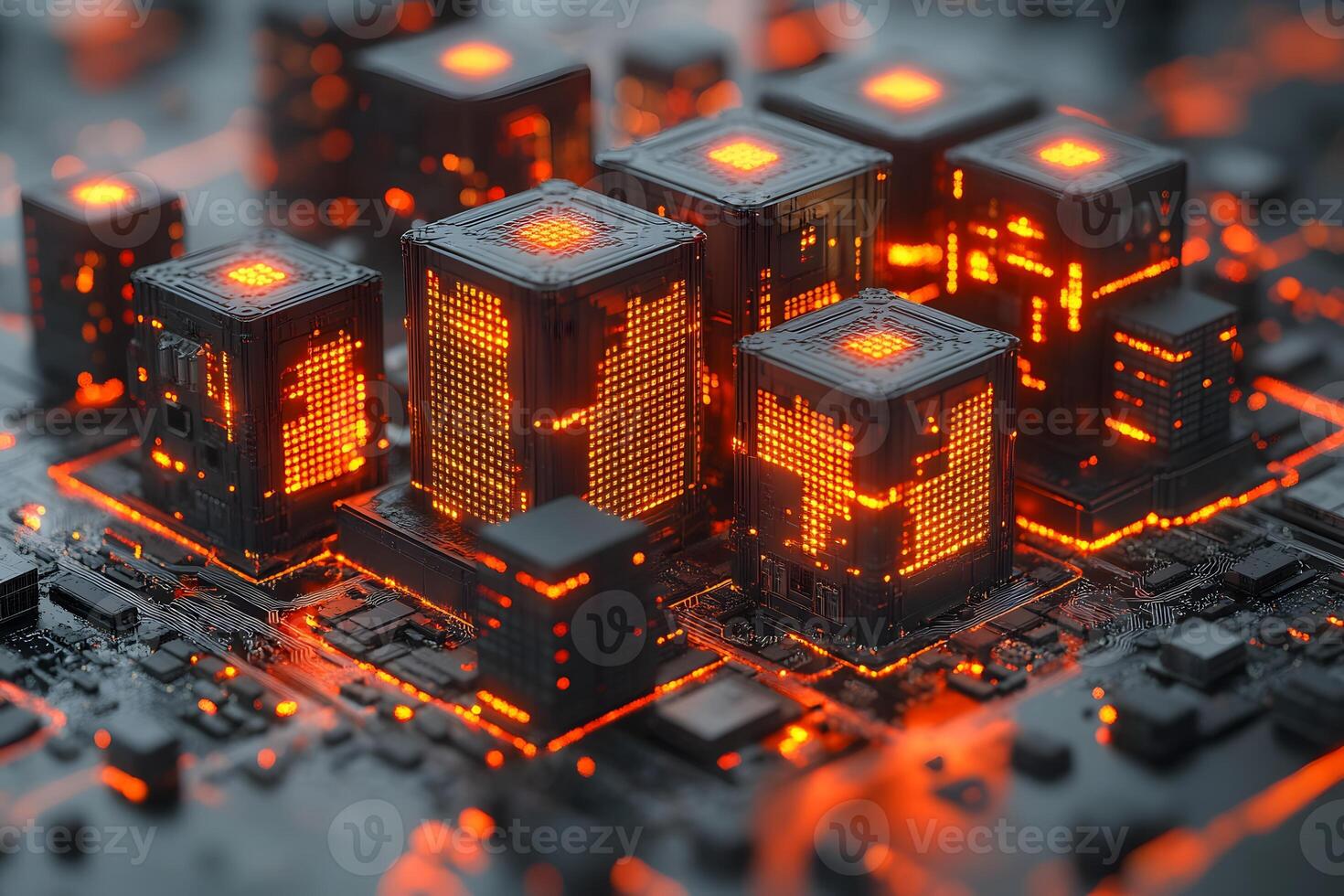 Futuristic Technology Concept of Glowing Microchip Cityscape on Circuit Board photo