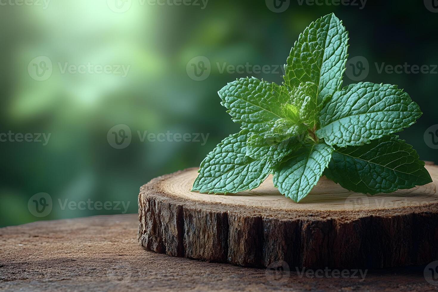 Fresh Mint Leaves on Rustic Wooden Slice for Natural Culinary and Aromatherapy Uses photo