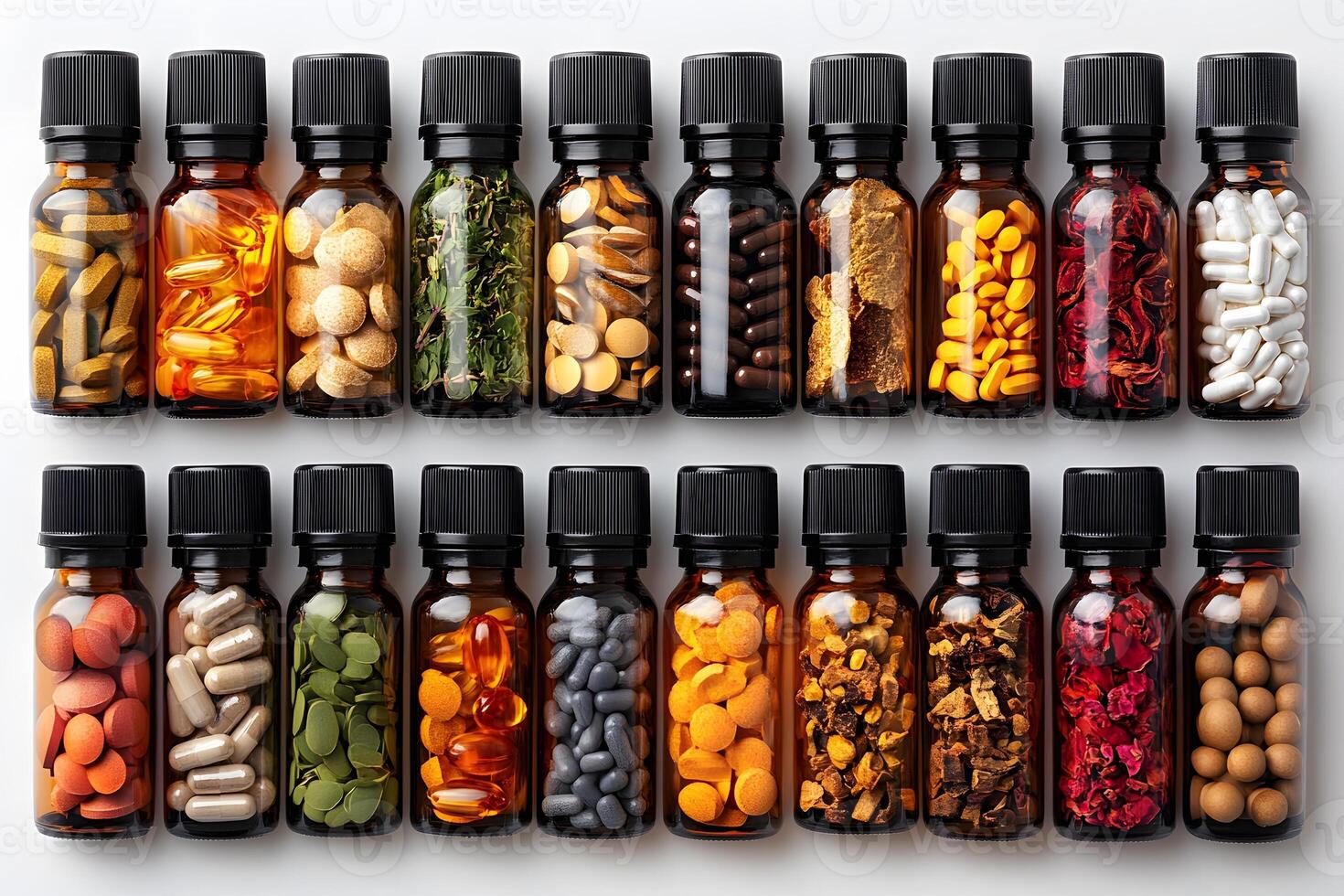 Diverse Assortment of Supplement Bottles in Rows for Health and Wellness Concepts photo