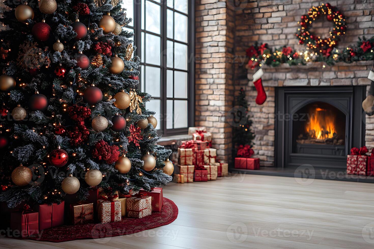 Cozy Christmas Scene with Decorated Tree and Fireplace for Holiday Celebration Design photo