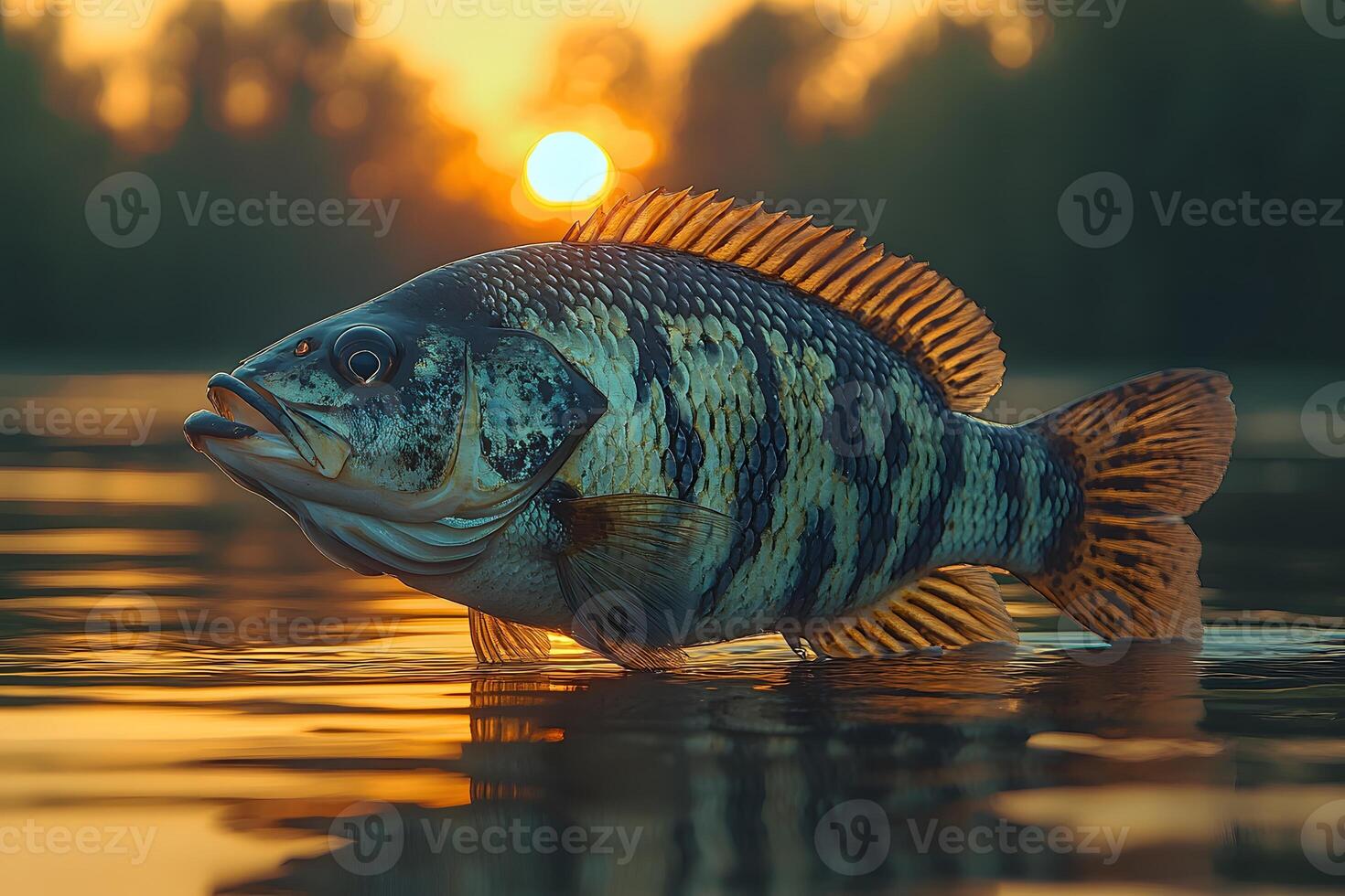 Sunset Peace with Fish Tranquil Waterscape and Vibrant Nature Imagery photo