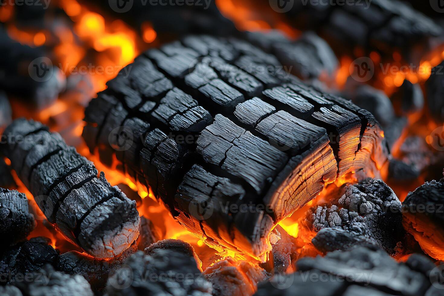 Glowing Charcoal Embers with Burning Wood for BBQ and Fireplace Warmth Concept photo