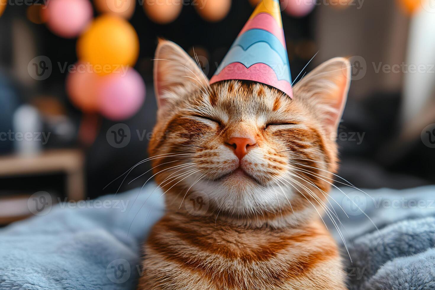 Festive Orange Tabby Cat with Party Hat and Bokeh Balloons for Celebration Design photo