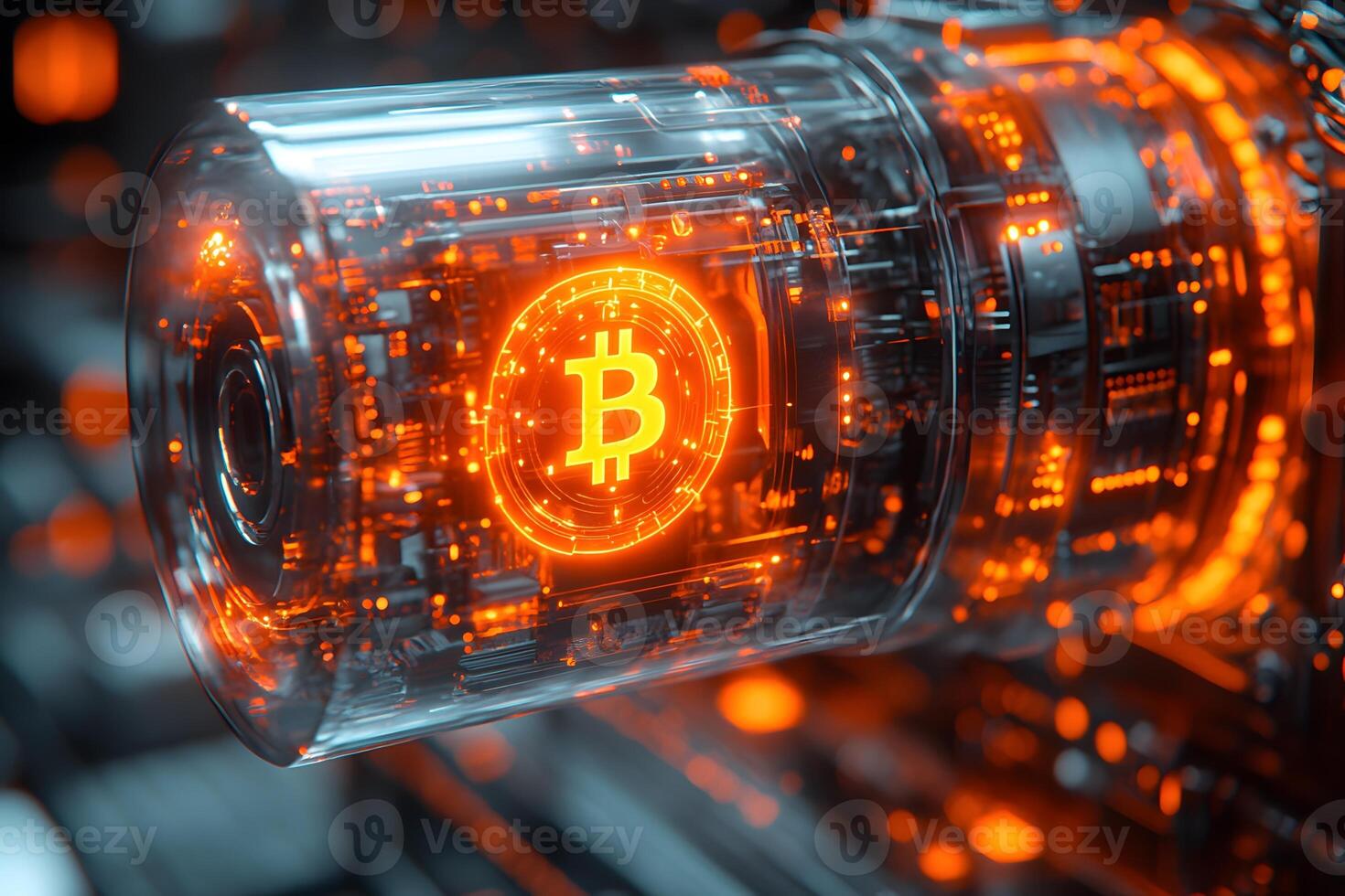 Futuristic Cryptocurrency Concept with Illuminated Bitcoin Symbol in Digital Network Design photo