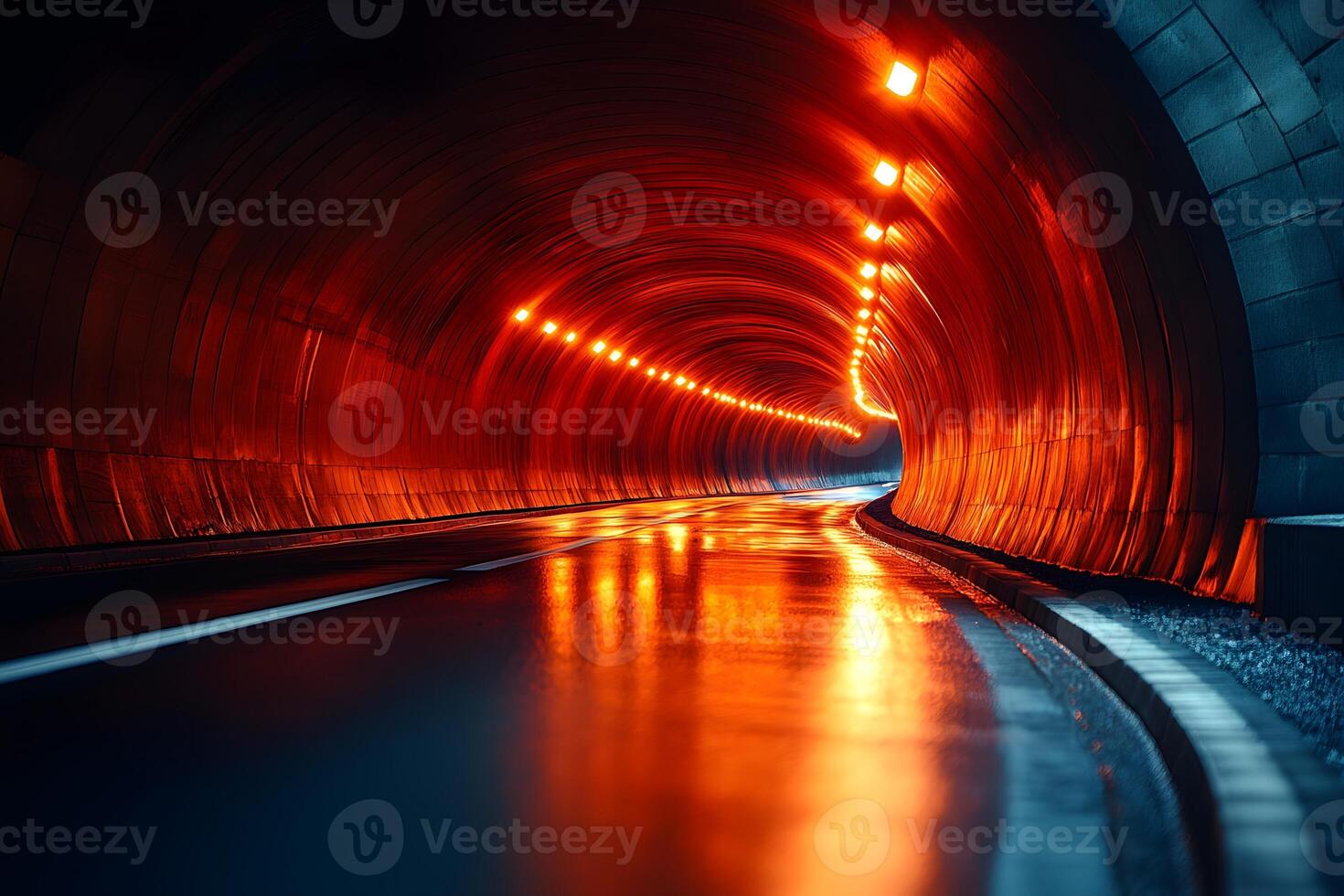 Illuminated Urban Tunnel with Reflective Road for Modern City Infrastructure photo