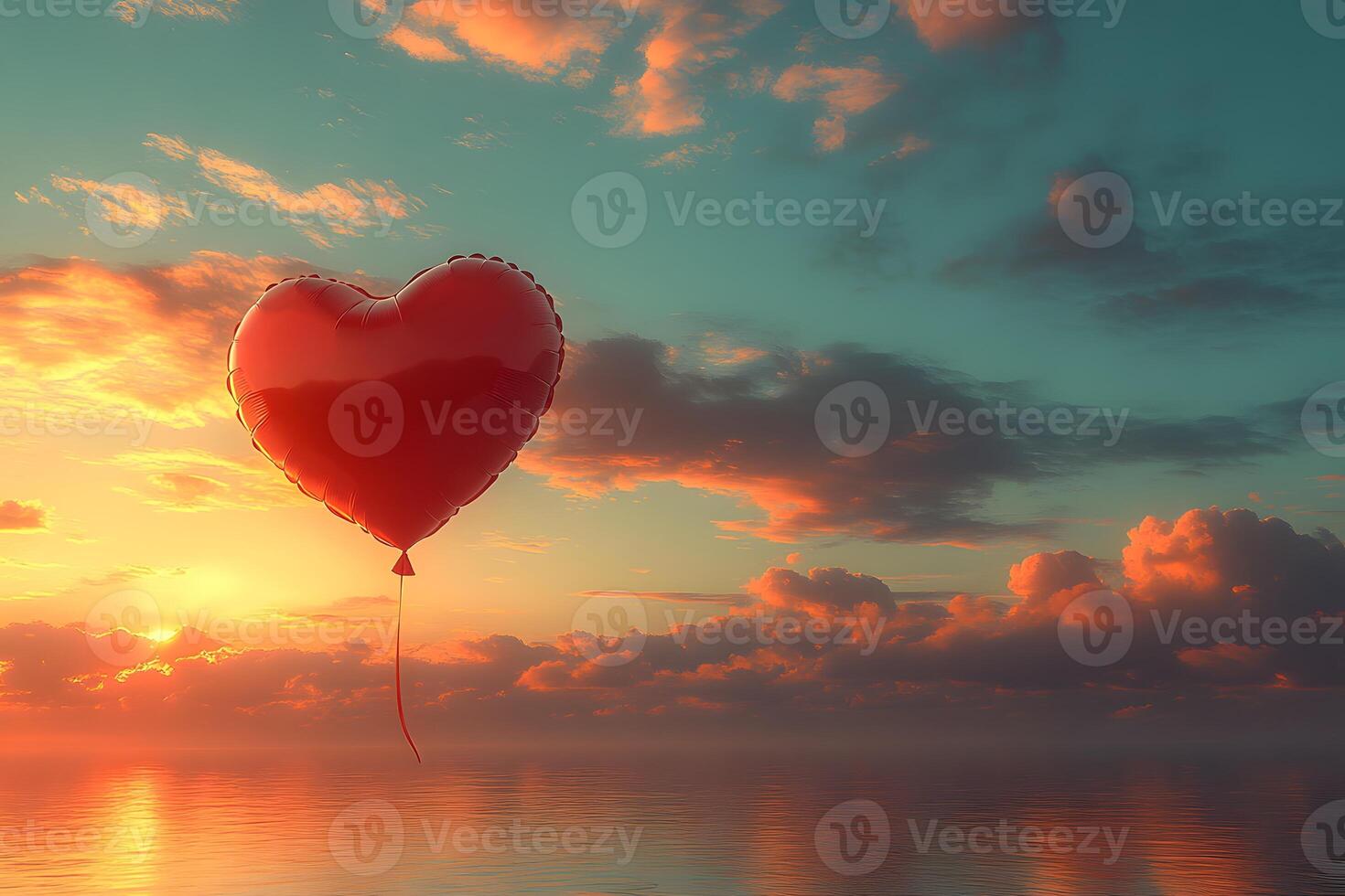 Heart-Shaped Balloon Floating at Sunset Over Tranquil Ocean for Romantic Decor photo