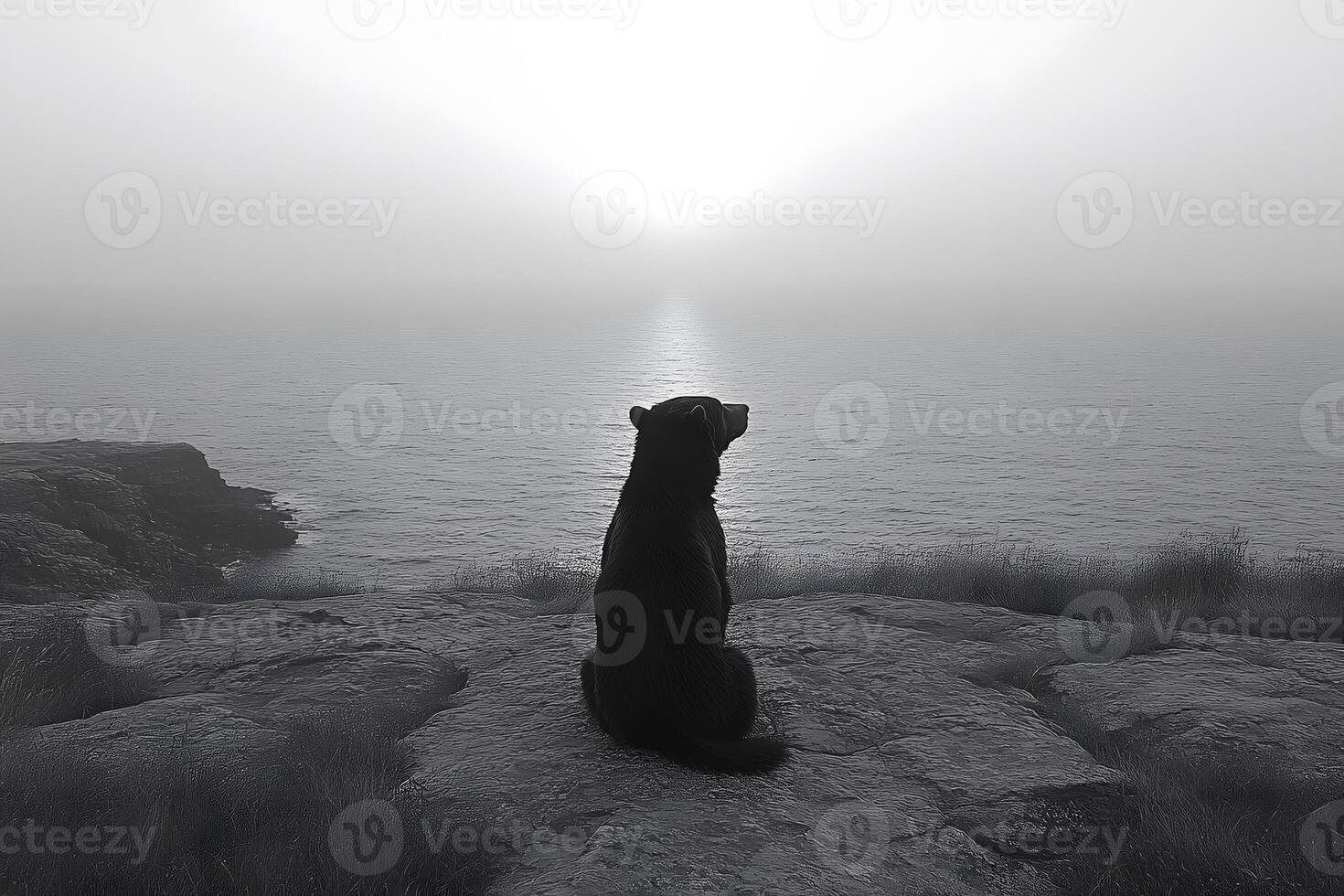 Solitary Bear Contemplating the Misty Horizon at Dawn photo