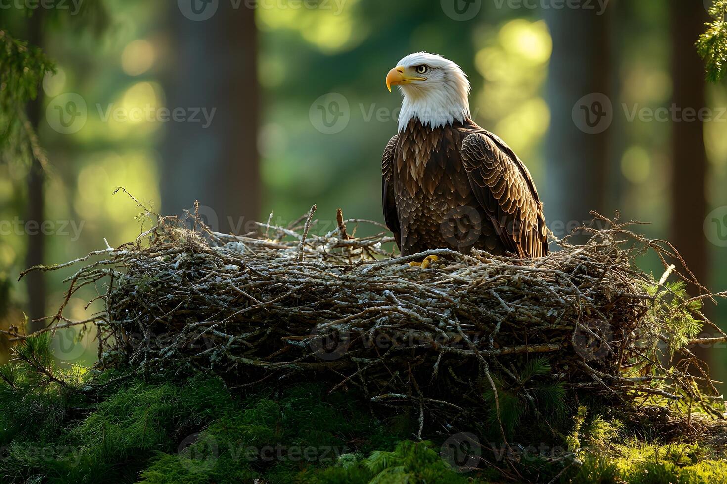 Majestic Bald Eagle Nesting in Lush Forest Habitat - Wildlife Conservation Theme photo