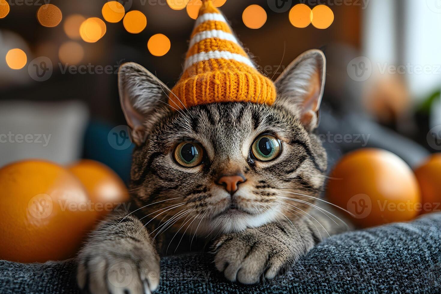Adorable Tabby Cat in Knitted Hat with Oranges and Warm Bokeh Lights photo