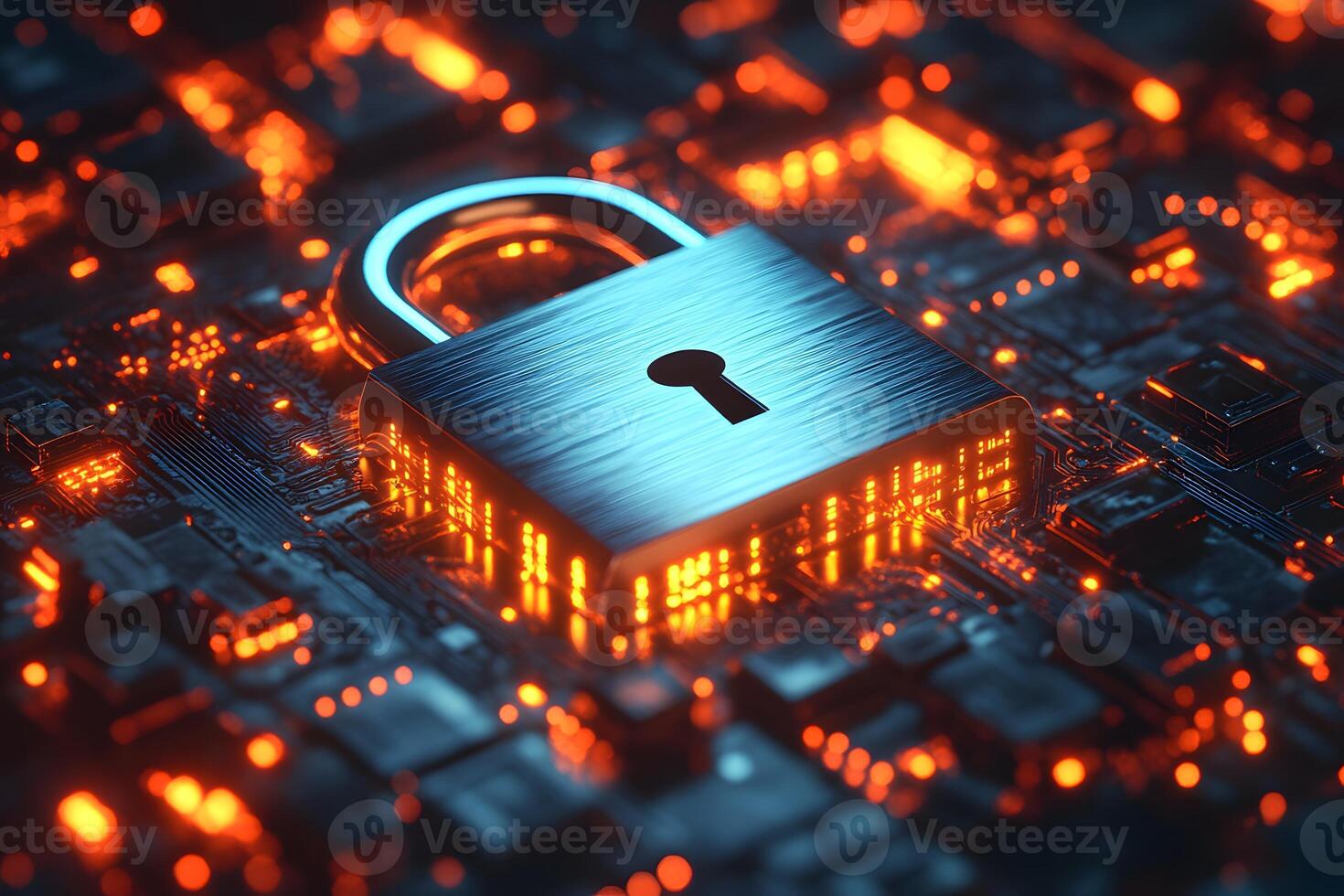 Cybersecurity Concept with Glowing Lock on Digital Circuit Board for Technology Design photo