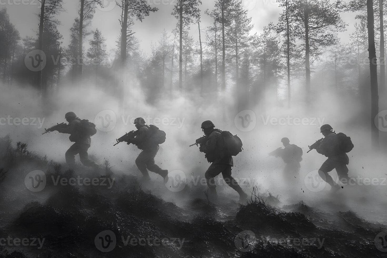 Military Maneuvers in Misty Forest - Camouflage and Strategy photo