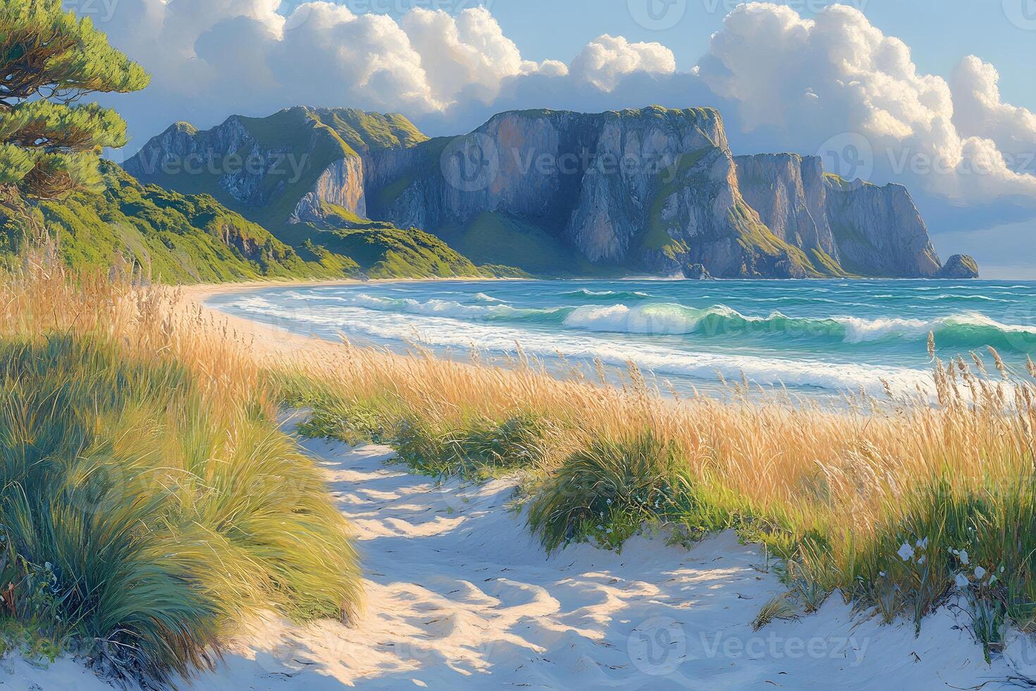 Serene Coastal Landscape with Sandy Beach and Rugged Cliffs in Summer photo