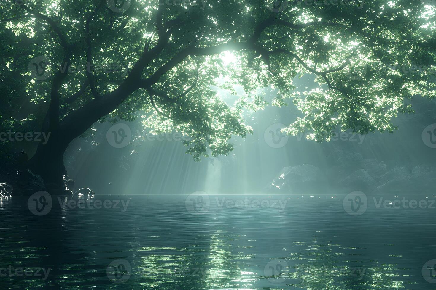 Serene Forest Oasis with Sunlit Waterfall and Tranquil Water Reflection photo