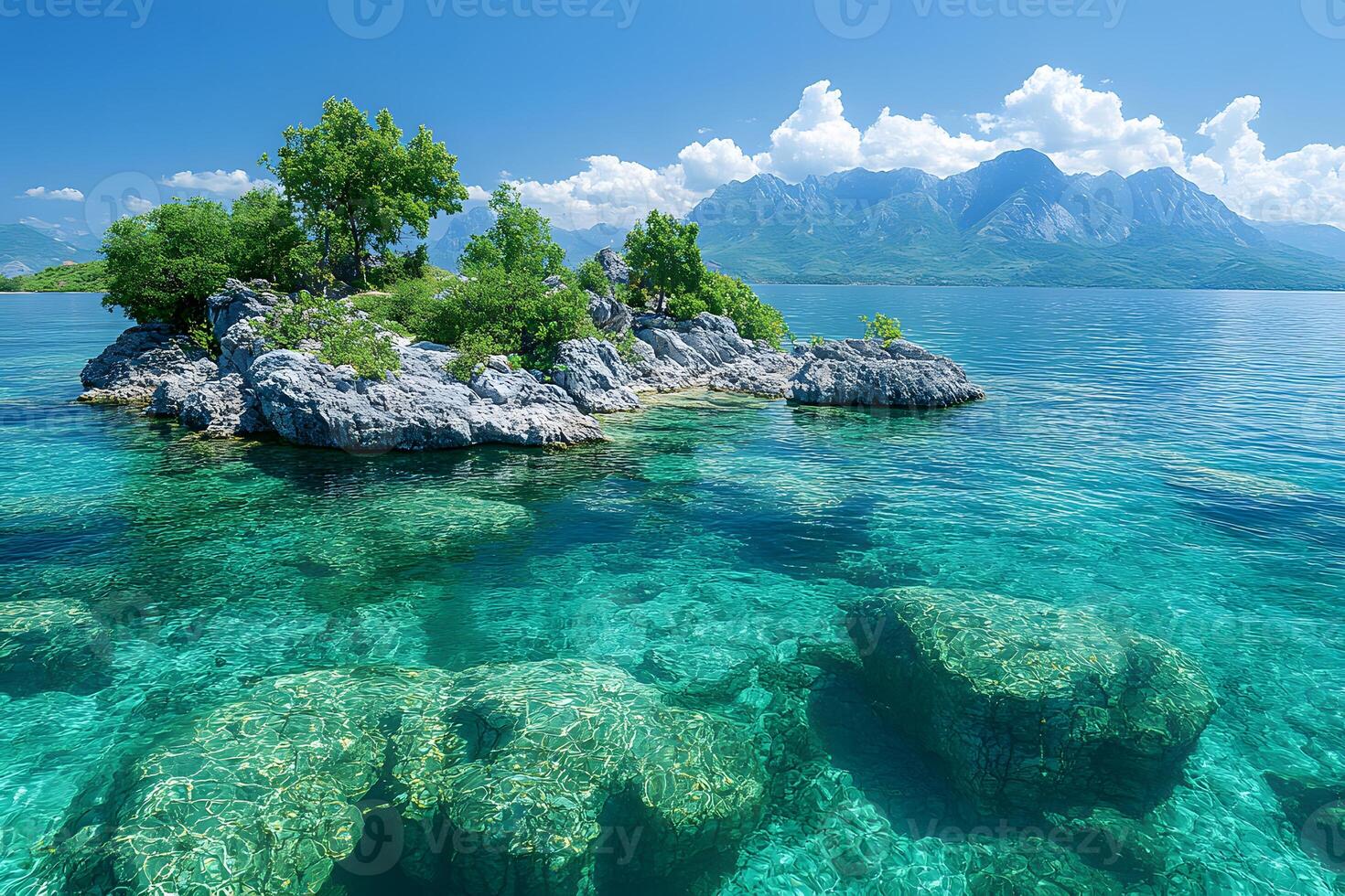 Idyllic Island Oasis in Crystal Clear Waters with Majestic Mountain Backdrop photo