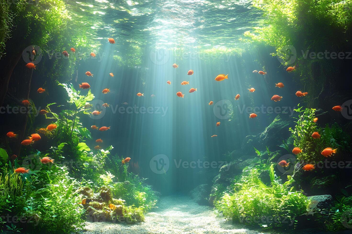 Vibrant Underwater World with Sunlit Rays and Tropical Fish for Nature Design photo