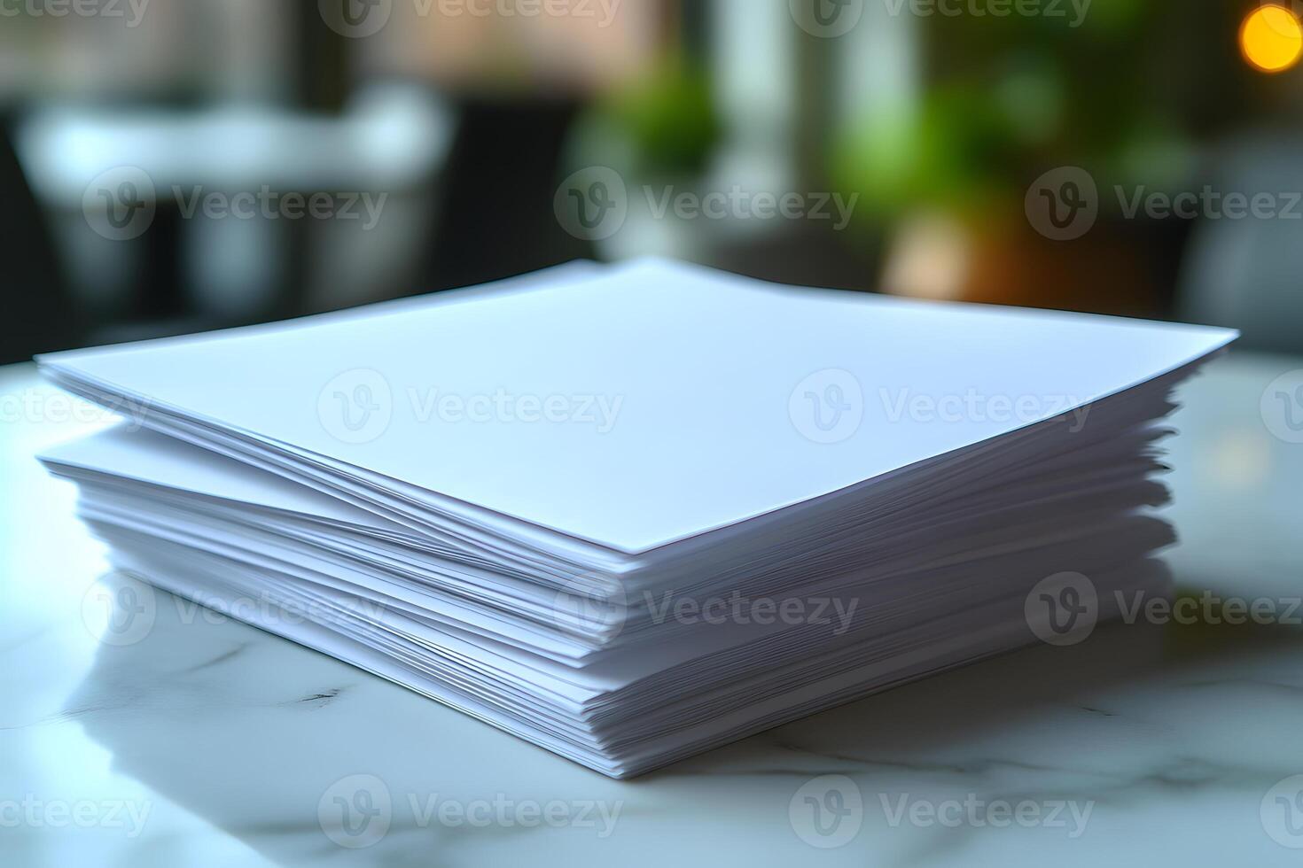 Stack of Blank Papers on Marble Table for Office Supply and Stationery Use photo