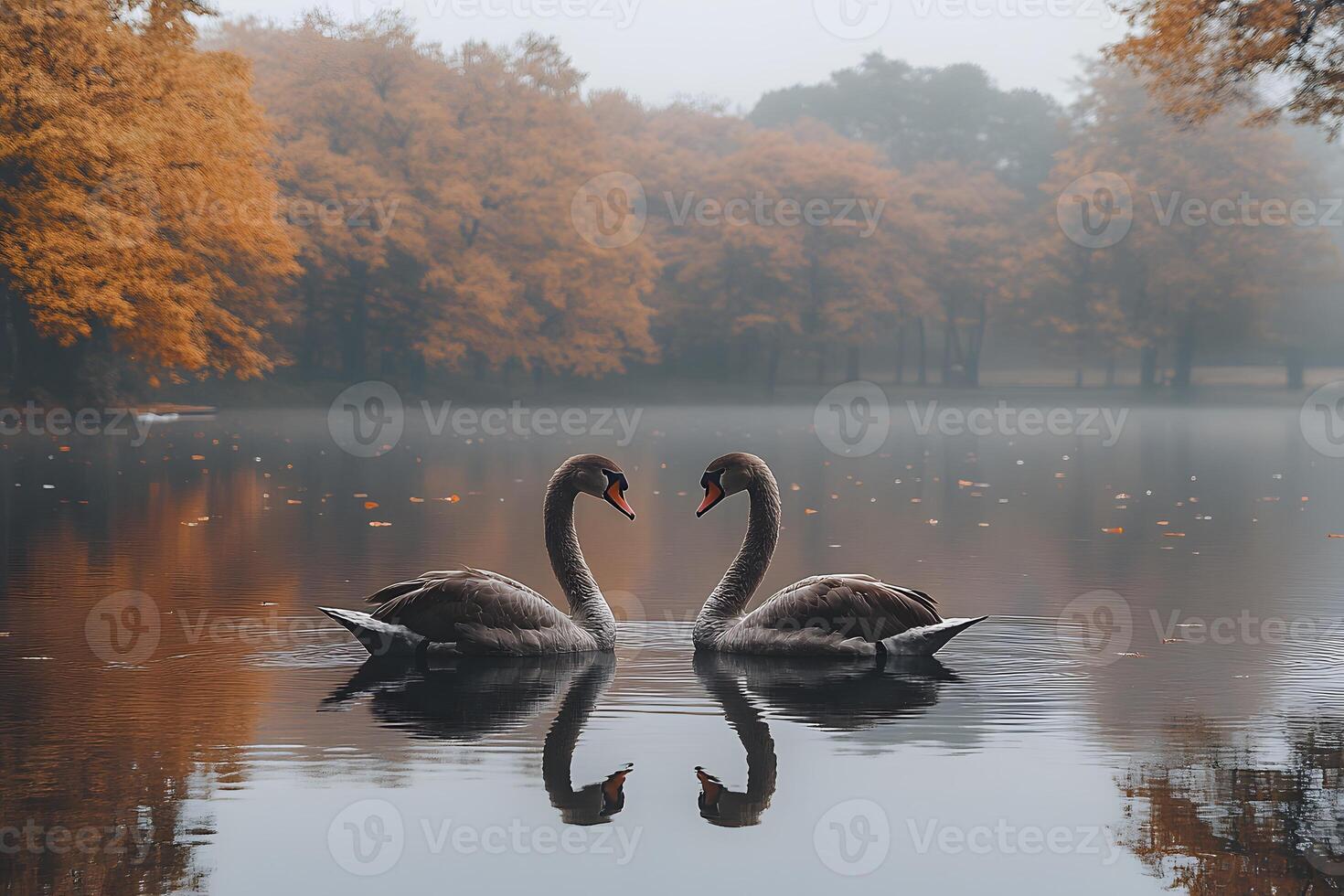 Autumn Serenity Swans Reflecting on Misty Lake in Tranquil Landscape photo