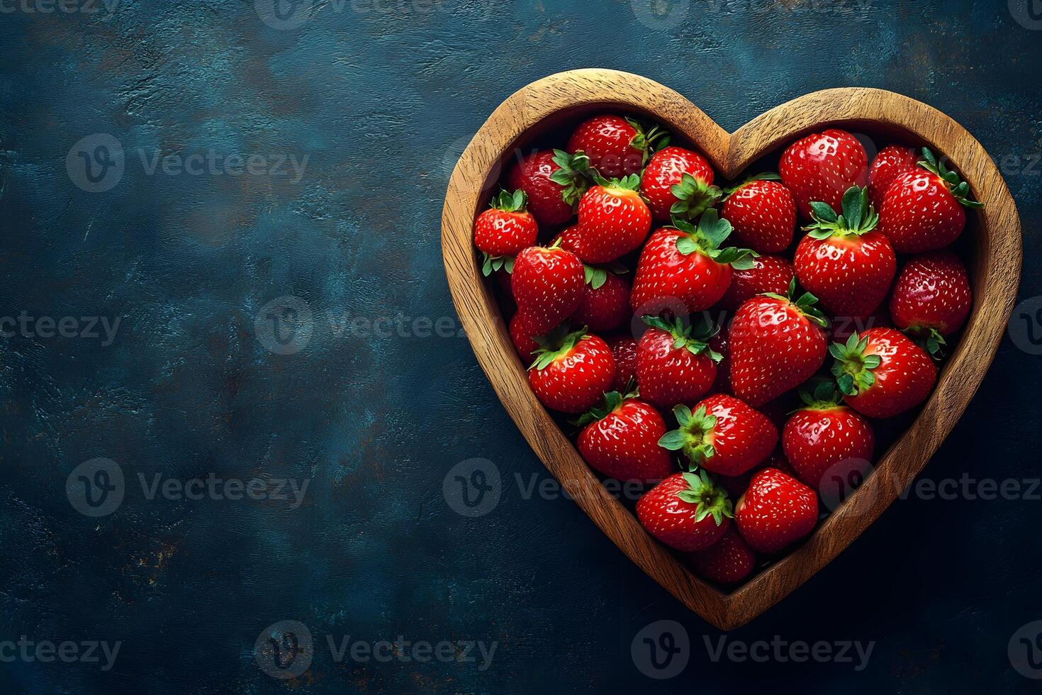 Heart-Shaped Wooden Bowl Filled with Fresh Strawberries on Dark Rustic Background photo