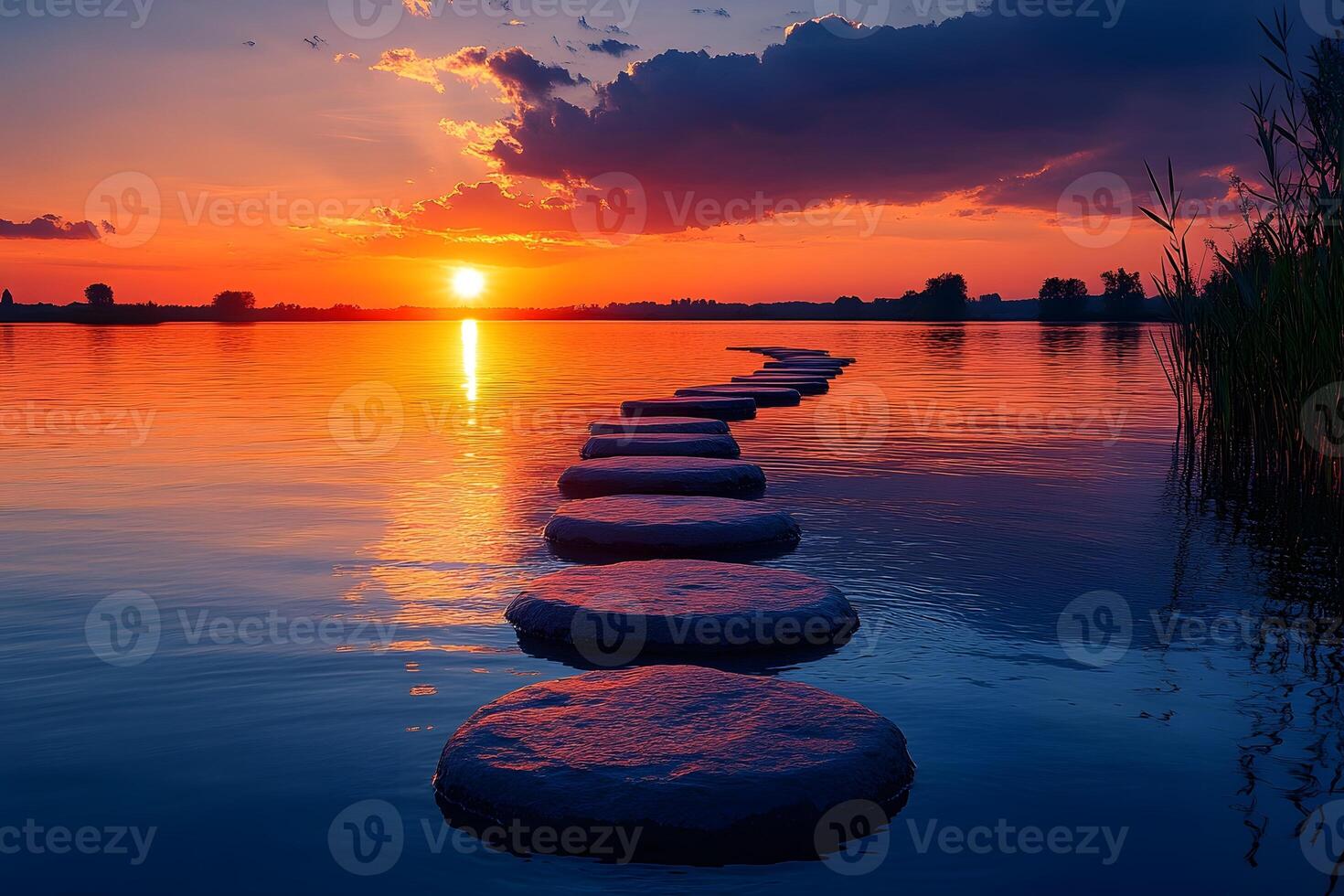 Tranquil Sunset Over Lake with Stone Path Reflecting Vibrant Sky photo