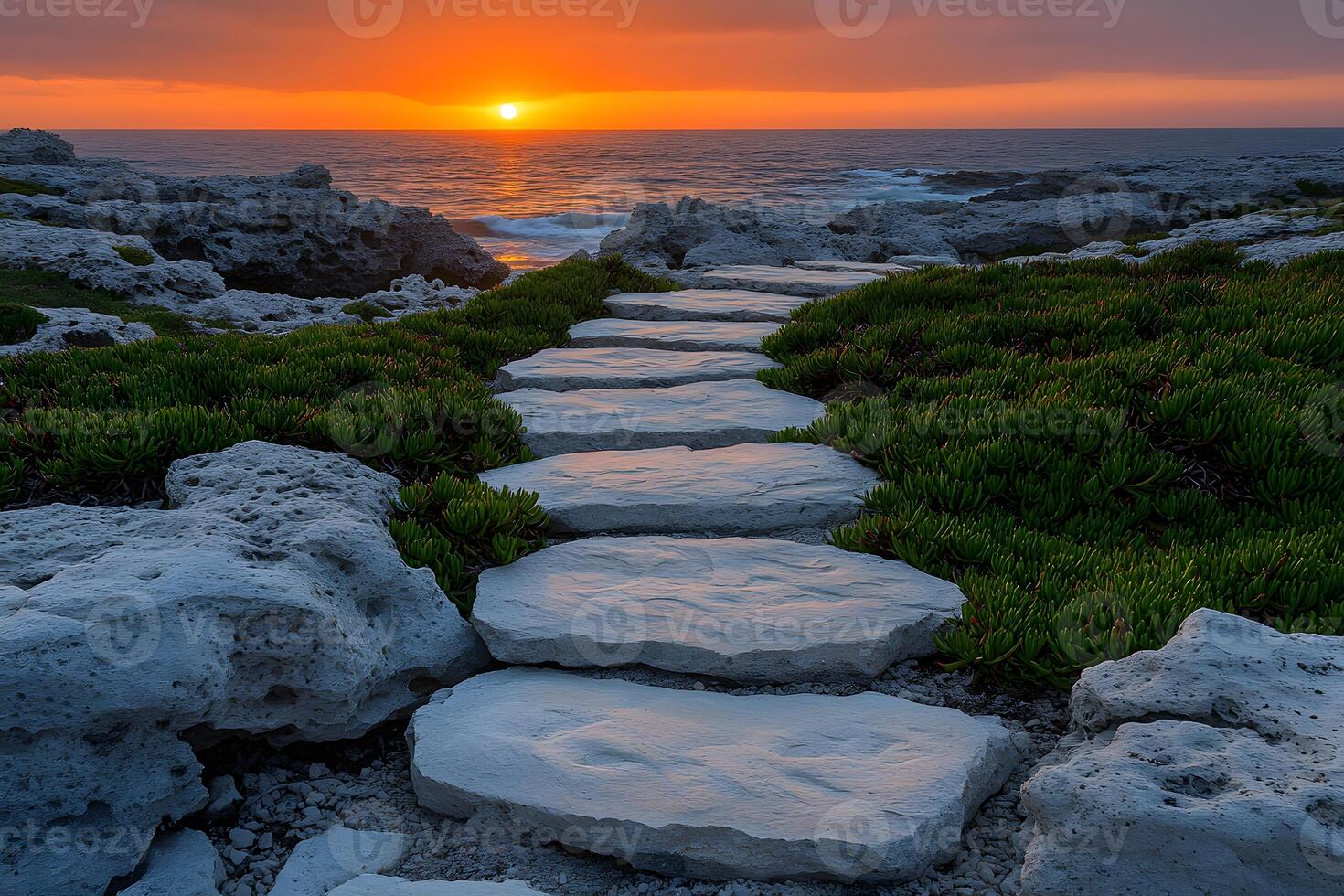 Serene Coastal Sunset with Rocky Pathway - Nature's Tranquil Escape photo