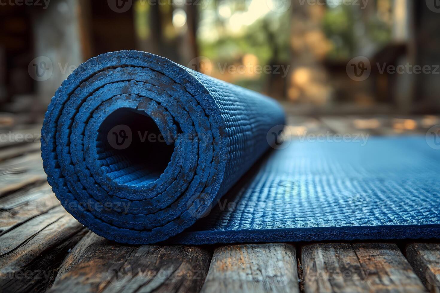 Yoga and Fitness Inspiration Blue Yoga Mat on Rustic Wooden Floor for Healthy Lifestyle and Exercise Motivation photo