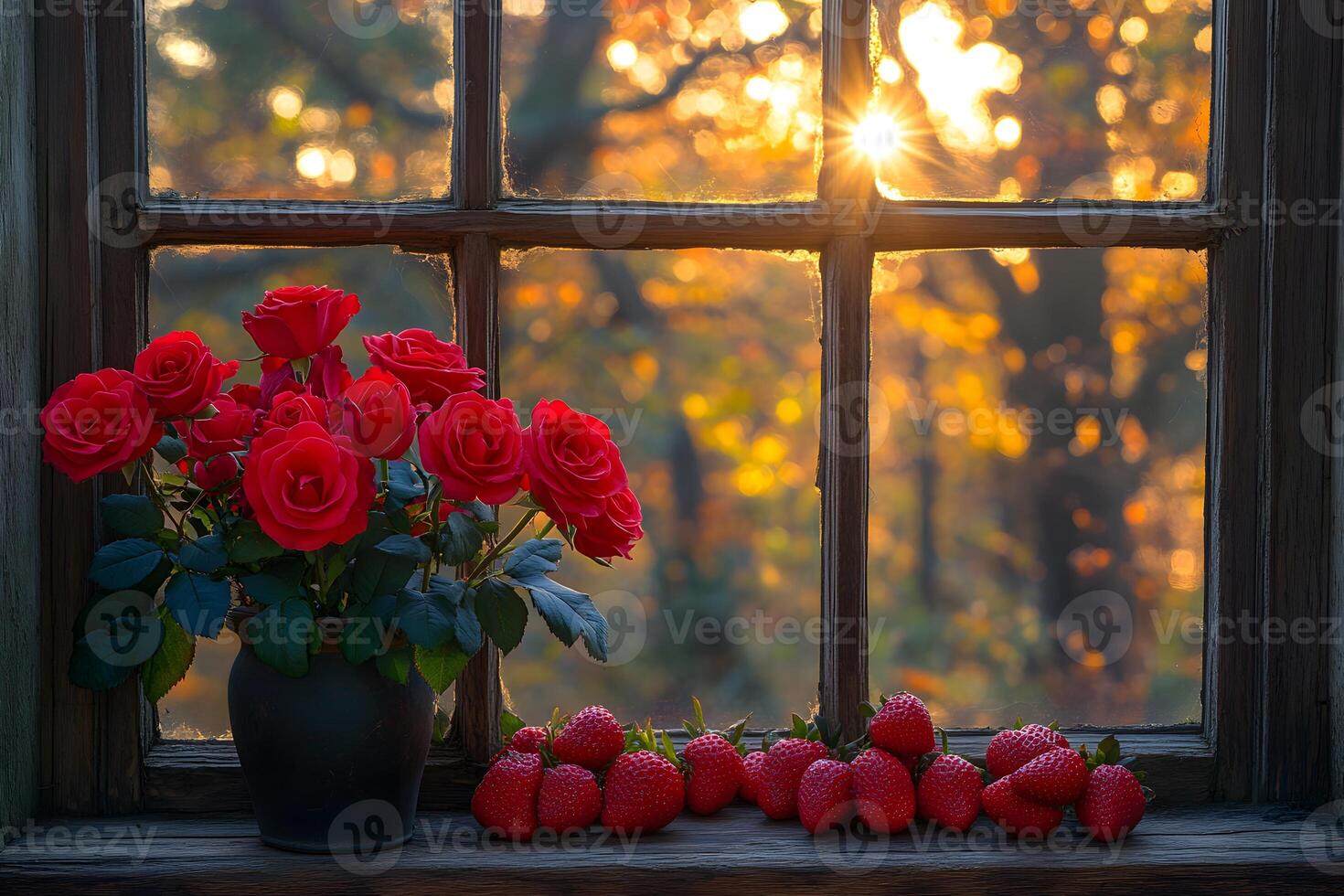 Autumn Window Display with Roses and Strawberries for Seasonal Decor photo