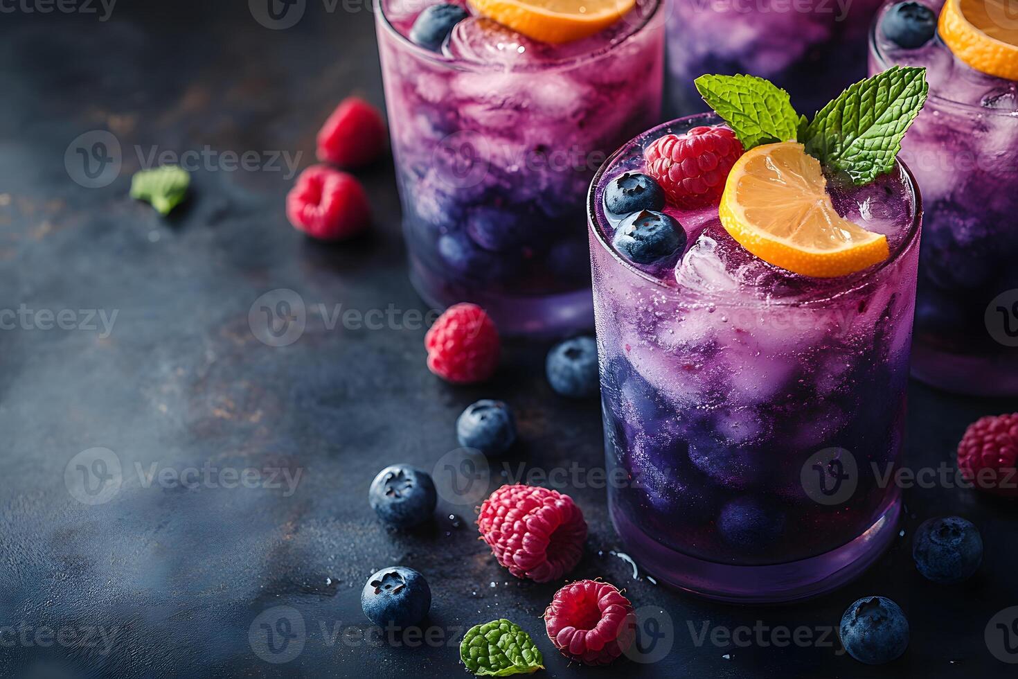Refreshing Berry Cocktail with Citrus Garnish on Dark Rustic Background photo