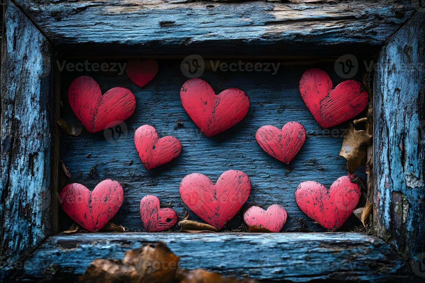 Rustic Frame with Red Wooden Hearts for Valentine's Day Decor and Design photo
