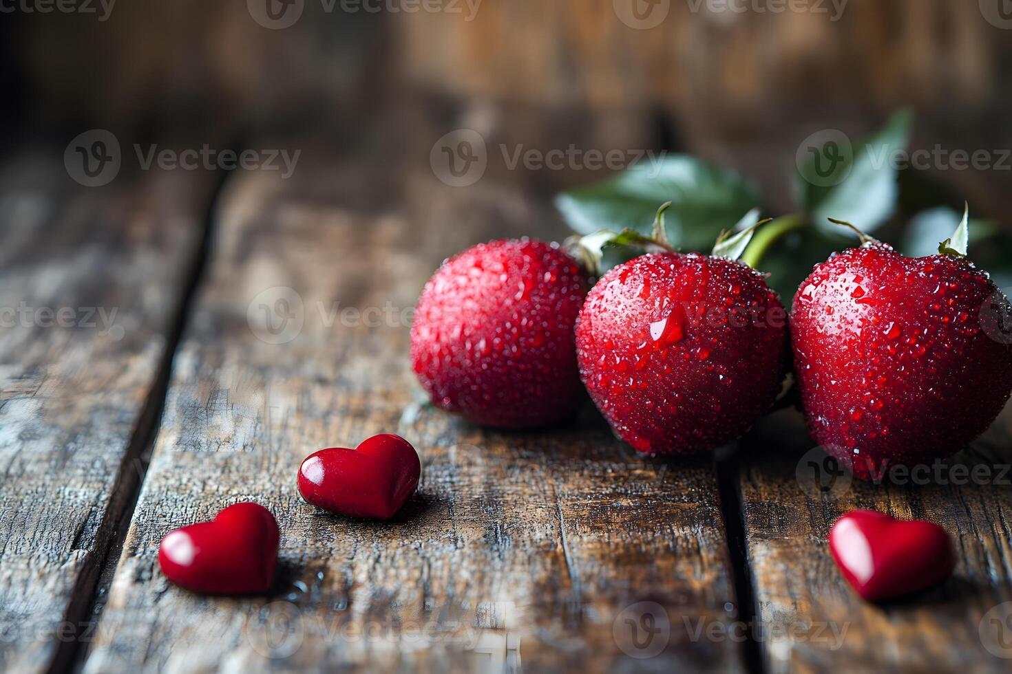 Fresh Red Raspberries with Heart-Shaped Chocolates on Rustic Wood for Romantic Settings photo