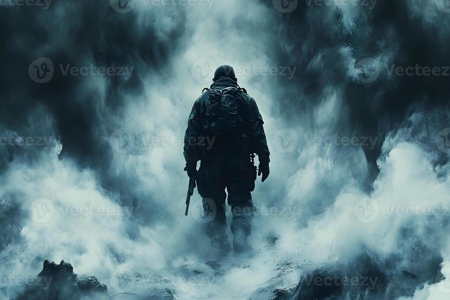 Mysterious Soldier in Stormy Mist - Dramatic Military Atmosphere Design for Print and Poster photo