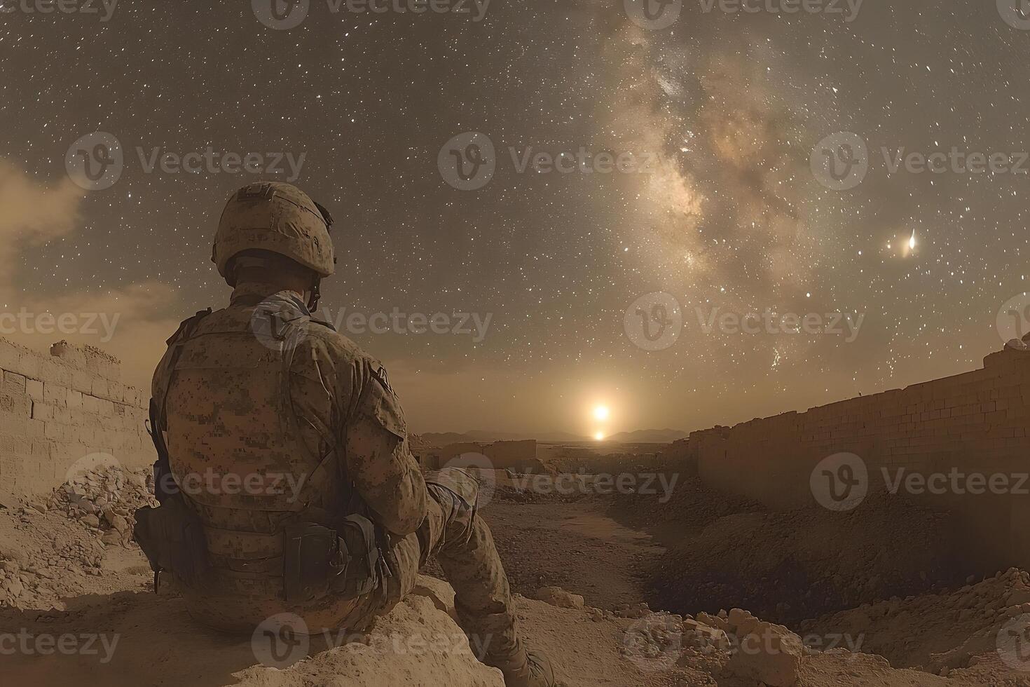 Soldier Under a Starry Sky Tranquil Night Scene with Milky Way in Desert Landscape photo