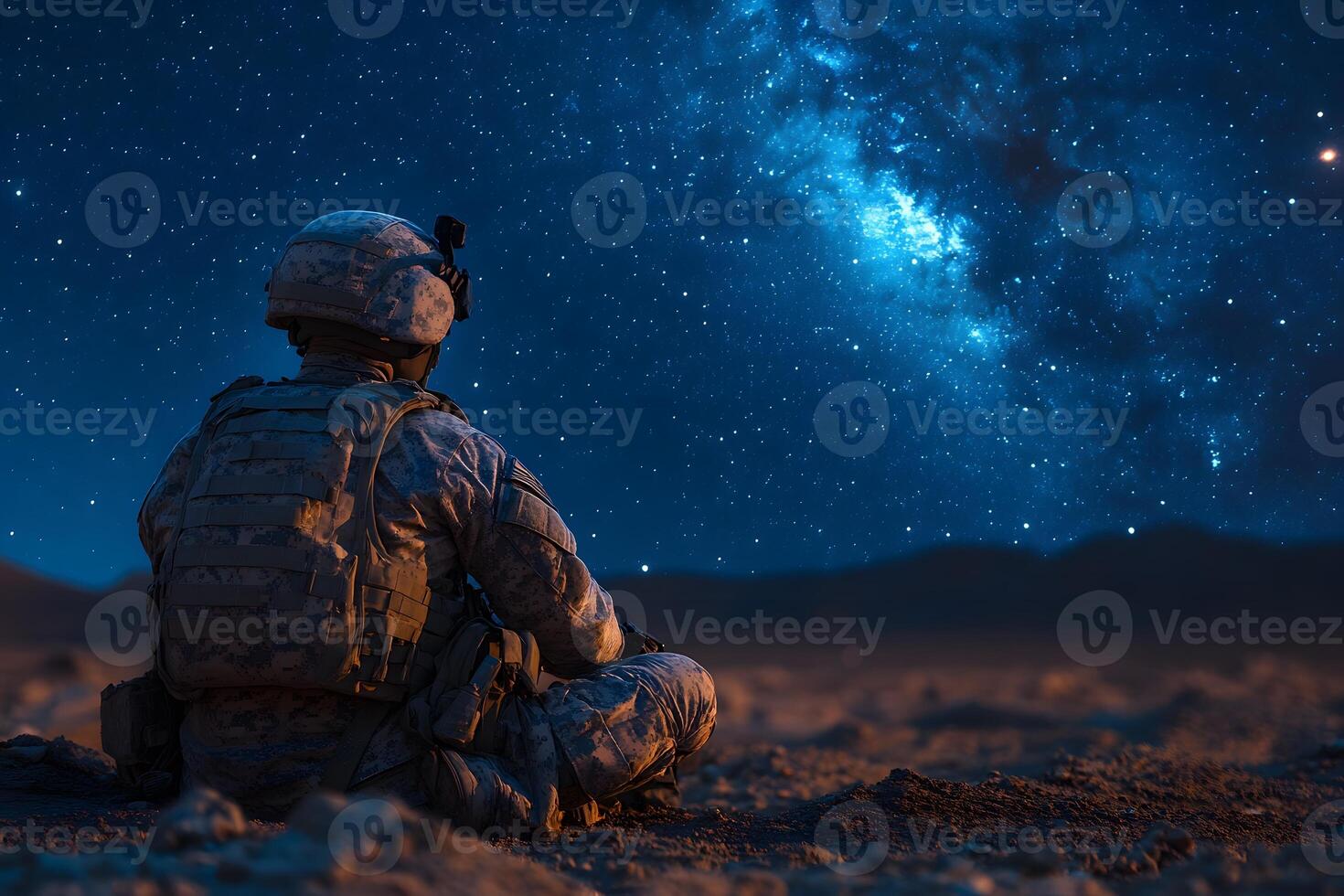 Night Sky Observation Soldier Under Starry Milky Way - Ideal for Poster Design photo