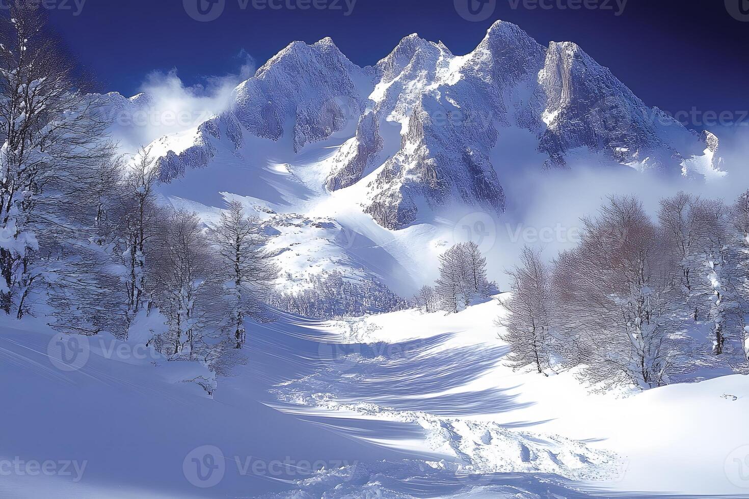 Winter Mountain Landscape with Snow-Capped Peaks and Frosty Trees for Outdoor Adventure and Travel photo
